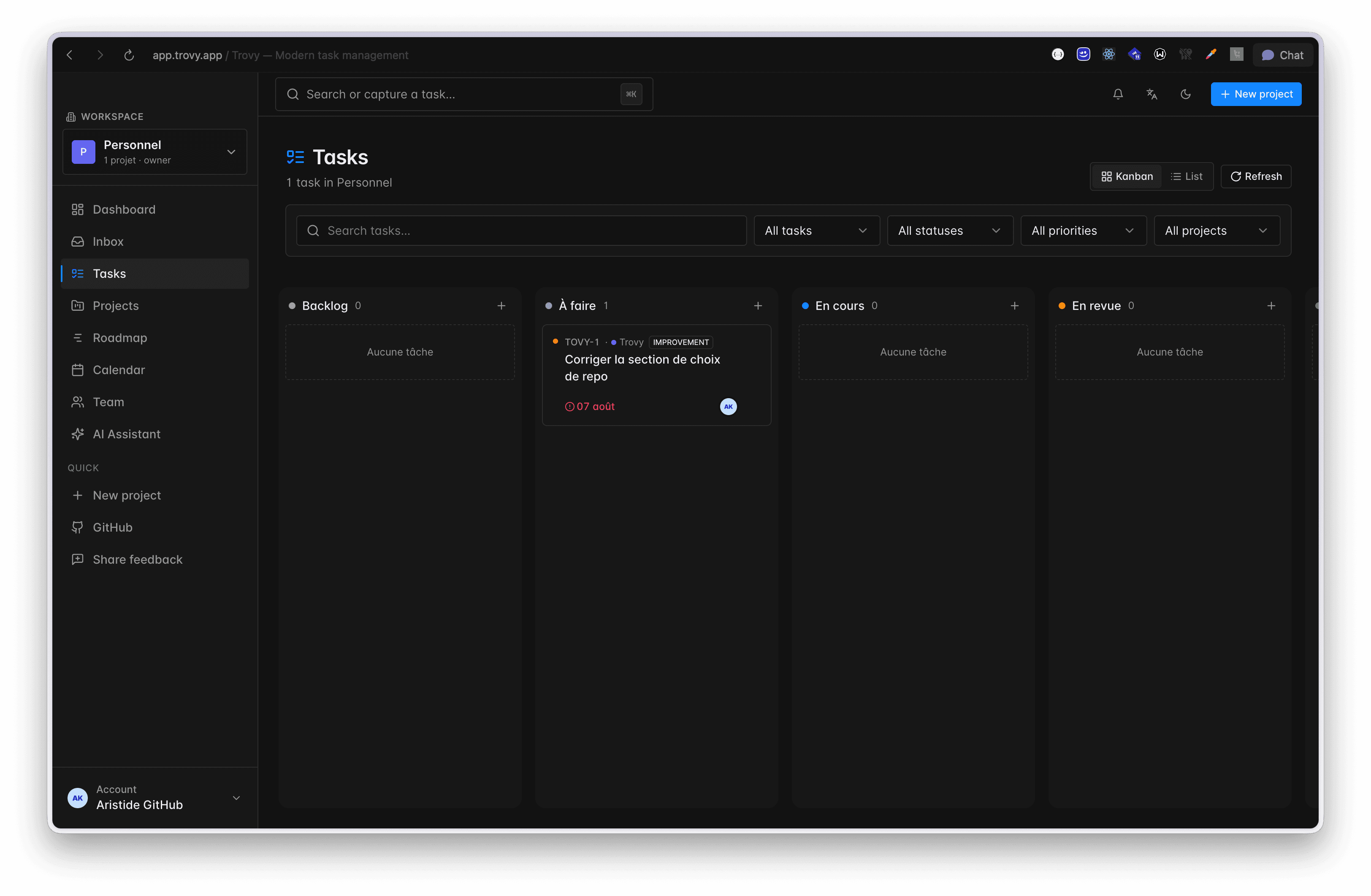 Trovy task board displayed in Kanban view